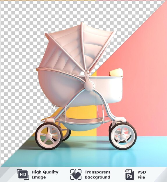 PSD przezroczysty tło psd makiety białego wózka dla niemowląt na niebieskim stole na żółtej i różowej ścianie