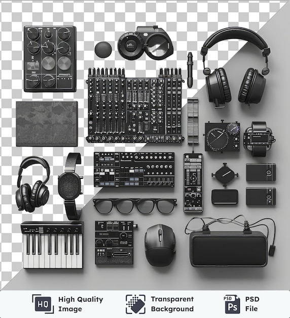 PSD przezroczysty tło zestaw muzyki elektronicznej z czarnymi słuchawkami, białą i czarną klawiaturą i czarnymi słuchami