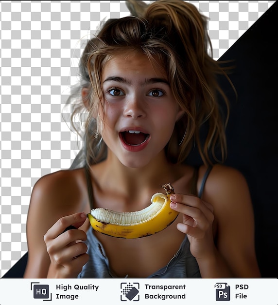 PSD przezroczysty zdjęcie psd blisko szczęśliwej zaskoczonej nastoletniej dziewczyny trzymającej w ręku półosuszony banan krzycząc do kamery