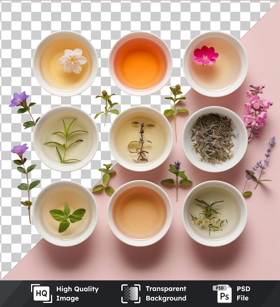 PSD przezroczysty zestaw herbaty ziołowej i wellness z fioletowymi i różowymi kwiatami białe miski i mała biała miska na różowym stole