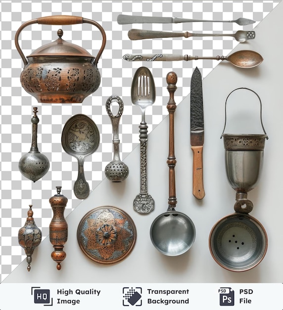PSD przezroczysty zestaw kuchni tureckiej wystawiony na białej ścianie z srebrnymi i metalowymi łyżkami, metalową i srebrną miską i brązowym uchwytem