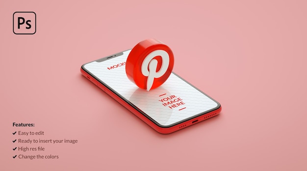 Przycisk Logo Pinteresta Na Makiecie Ekranu Smartfona W Renderowaniu 3d