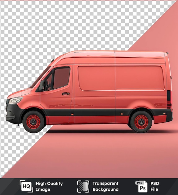 PSD ps mockup red cargo van closed door black tire antenna pink sky black shadow window