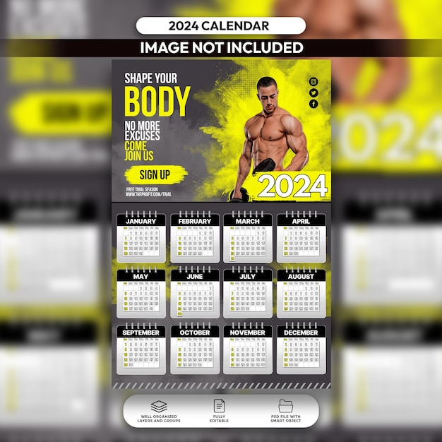 Design del layout del calendario del tema bodybuilding personalizzabile psd 2024