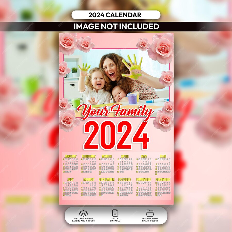 Premium PSD | Psd 2024 pink floral family calendar design template