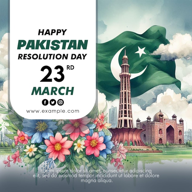 PSD 3월 23일 파키스탄 결의의 날: 미나르와 파키스탄 발을 가진 소셜 미디어 배너 템플릿
