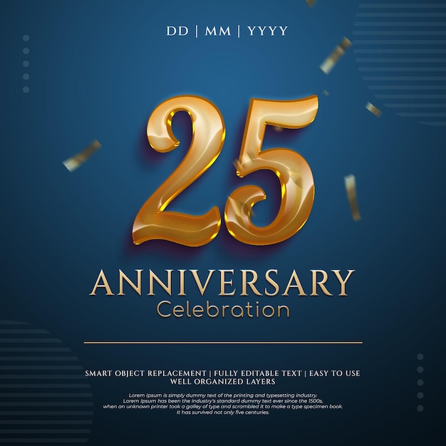 PSD 25 years anniversary luxury theme with editable text number 3D style effect