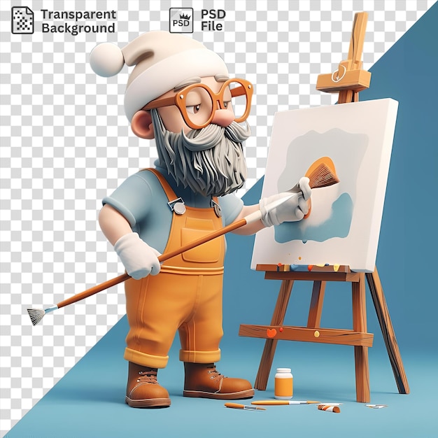 PSD psd 3d artist cartoon painting a masterpiece on a wooden easel surrounded by a blue wall and orange vase wearing a white hat and black glasses with a hand visible in the fore