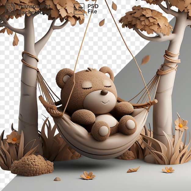 Psd 3d bear cartoon napping in a hammock surrounded by autumn leaves and a white wall with a brown ear and black and brown nose visible in the foreground