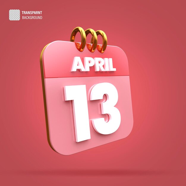 Premium PSD | PSD 3d calendar date 13 april 2024 3D Rendering