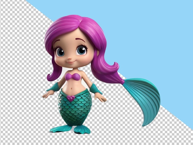 Psd di un personaggio di cartone animato 3d di una dolce sirena su uno sfondo trasparente