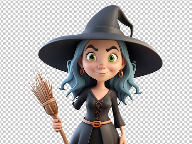 Psd of a 3d cartoon character of a funny witch on transparent background