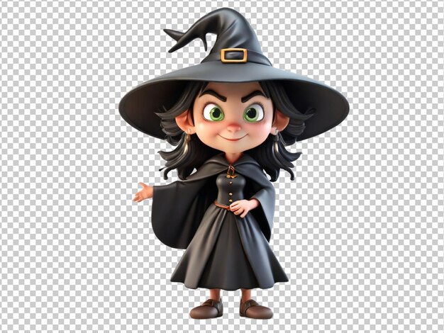 Psd of a 3d cartoon character of a funny witch on transparent background