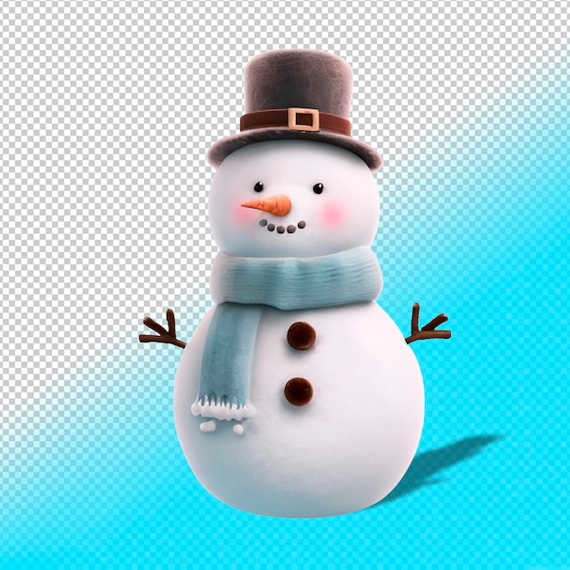 PSD 3d cartoon cute snowman in a scarf and hat on transparent background