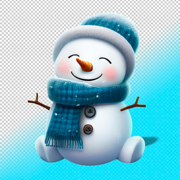 Psd 3d cartoon cute snowman in a scarf and hat on transparent background