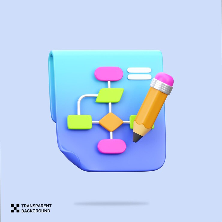 PSD psd 3d cartoon flowchart diagram with pencil for project planning and strategy