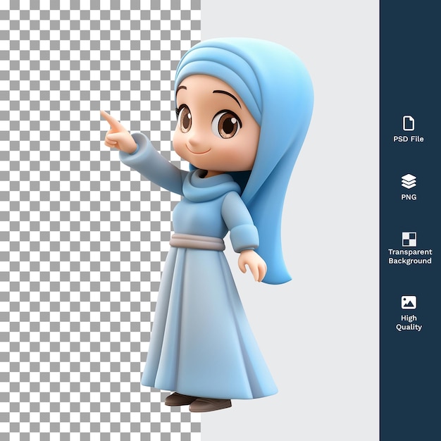 Illustrazione di cartoni animati psd 3d donna musulmana felice sorridente e indicante in abito blu