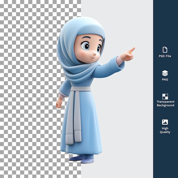 Psd 3d cartoon illustration happy muslim woman smiling and pointing in blue dress