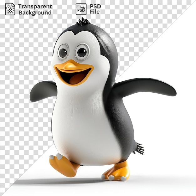 PSD psd 3d мультфильм пингвин скользит по льду с черным глазом и оранжевой и желтой ногой, в то время как белый и черный пингвин смотрит