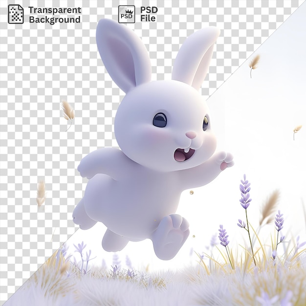 PSD psd 3d カートゥーンのウサギが紫色の花の畑で跳ね上がり開いた口と黒い目で白いウサギと腕が背景に見えます