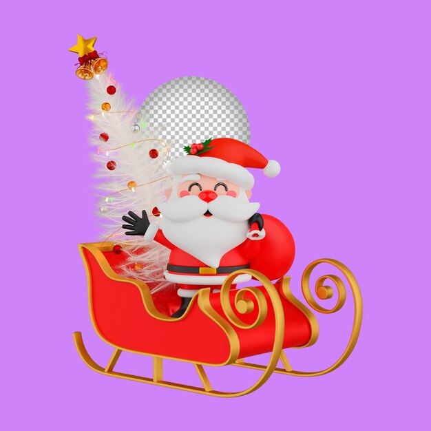 PSD psd 3d cartoon babbo natale seduto santa sleigh con regalo e albero di natale con sfondo trasparente