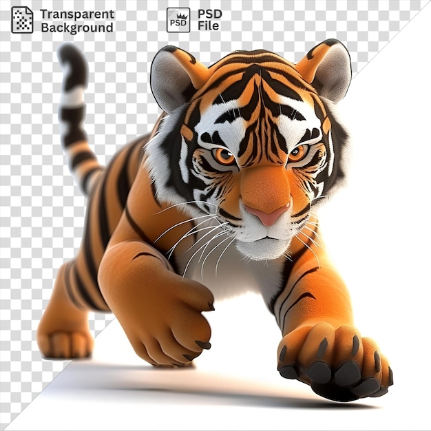 PSD psd 3d мультфильм тигр бродит с полосами с розовым носом длинные белые усы и черные и оранжевые глаза в то время как коричневая лапа и нога видны в