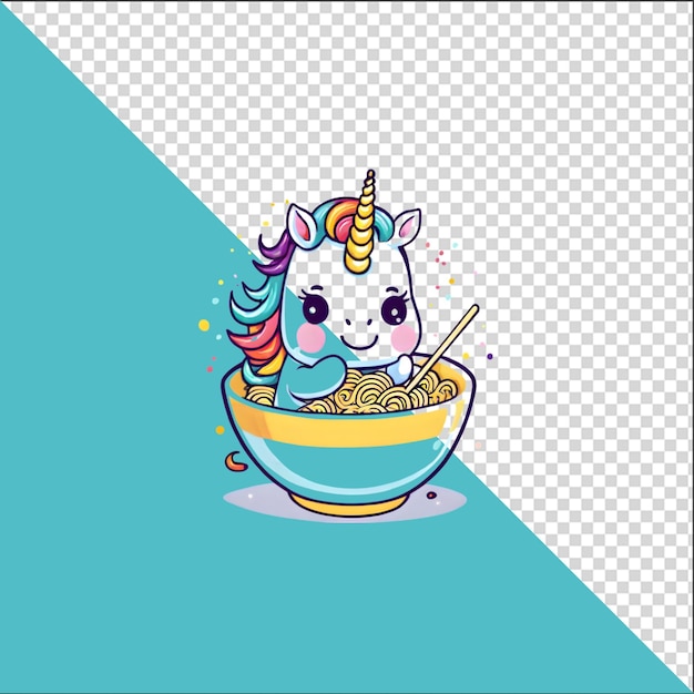 PSD unicorno cartone animato psd 3d in una ciotola di noodles ramen con uno sfondo trasparente