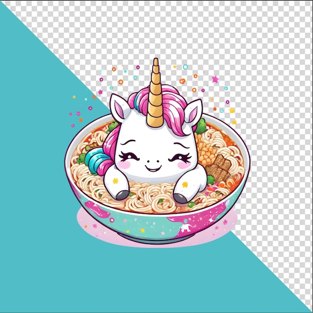 PSD unicorno cartone animato psd 3d in una ciotola di noodles ramen con uno sfondo trasparente