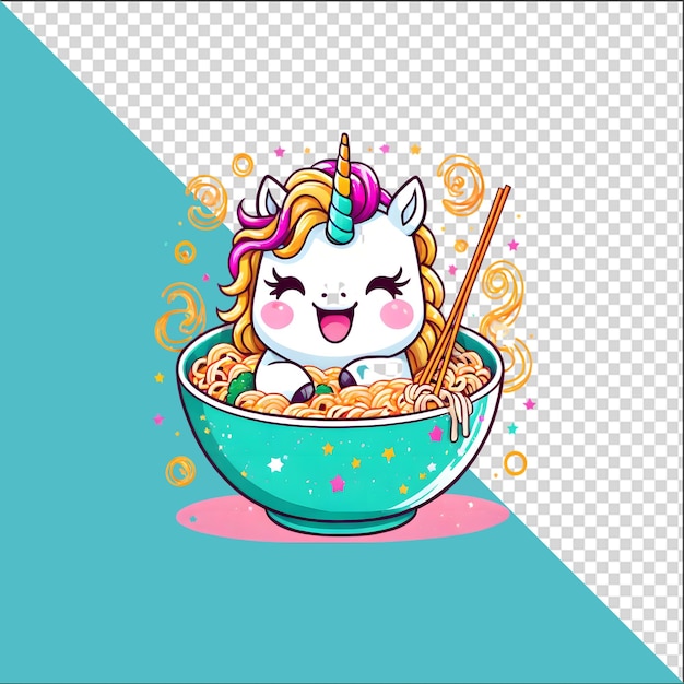 PSD unicorno cartone animato psd 3d in una ciotola di noodles ramen con uno sfondo trasparente