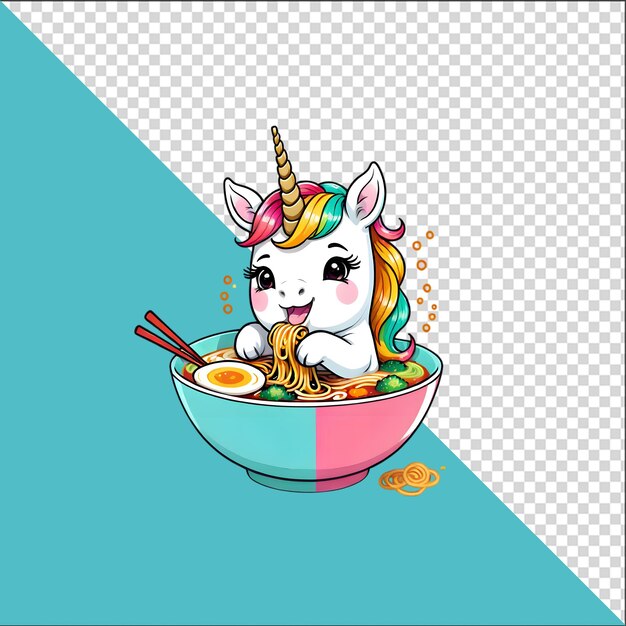 PSD unicorno cartone animato psd 3d in una ciotola di noodles ramen con uno sfondo trasparente