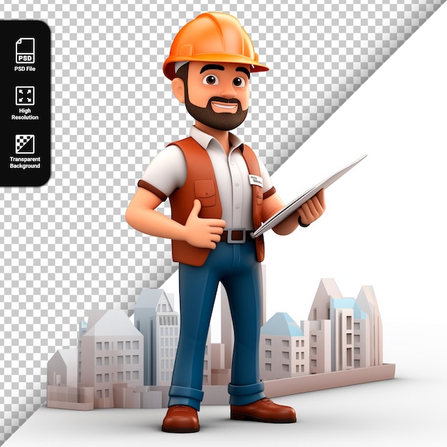 PSD psd 3d character of a male construction worker isolated on transparent background