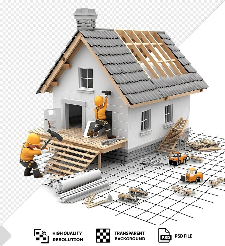 PSD psd 3d construction worker cartoon building a house with a brown roof and white windows