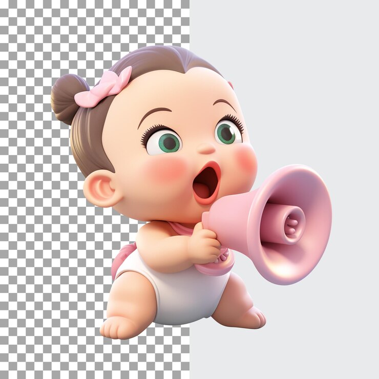 PSD 3D 귀여운 아기 소녀는 메가폰 스피커를 들고 태어났습니다.