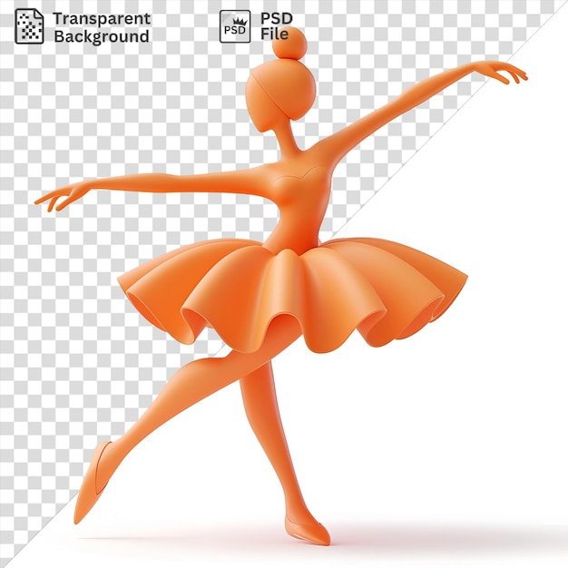 PSD psd 3d dancer cartoon performing a dance pose with extended arms and legs accompanied by an orange ball while a hand and leg are visible in the foreground