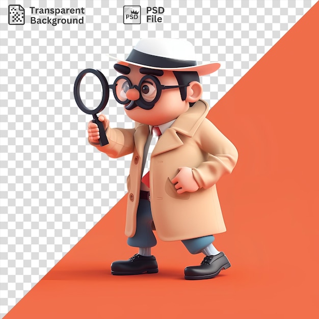 PSD psd 3d detective cartoon investigating a crime with a magnifying glass wearing a white hat black glasses and a red tie while holding a black handle in his hand
