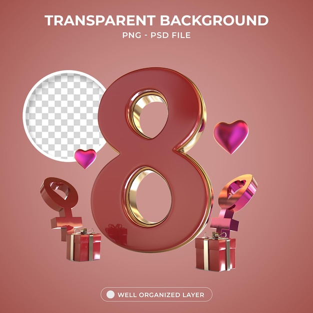 Psd 3d element 8 red for womens day for composition transparent png