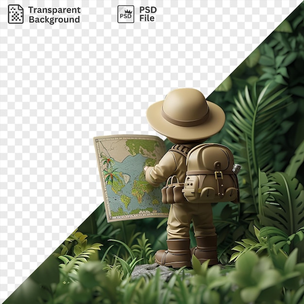 Psd 3d explorer in the jungle holding a map wearing a tan and brown hat and carrying a brown backpack with a green leaf in the background