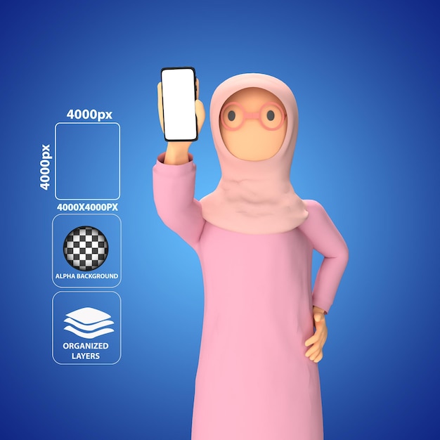 PSD psd musulmano femminile 3d che tiene telefono cellulare vuoto bianco su sfondo blu concetto di rendering 3d