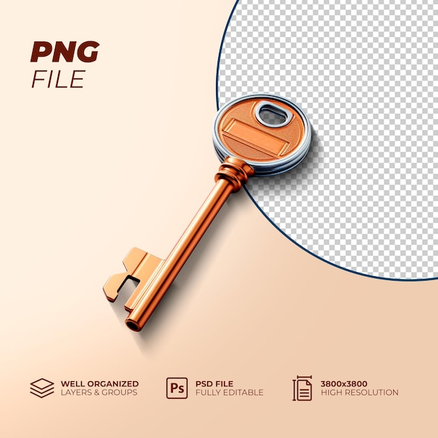 Psd 3d golden key metal key png