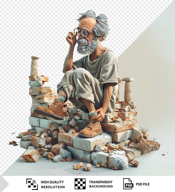 PSD psd 3d greek cartoon philosopher pondering the meaning of life amidst ancient ruins on isolated background