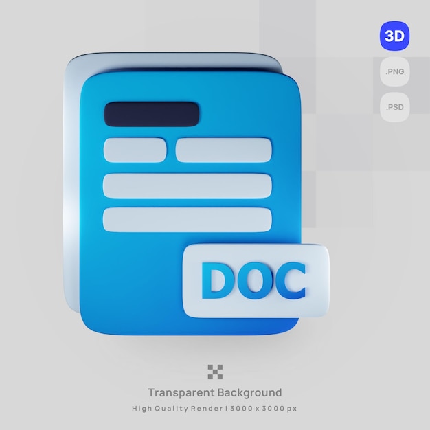 Psd 3d icon document computer doc file extension with transparent background render