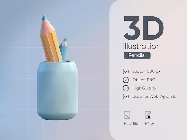 Psd 3d icon of pencils in a stand