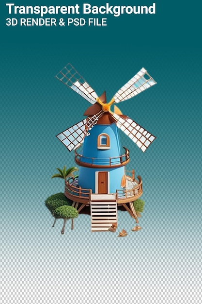 Psd 3d illustratie windmolen geïsoleerd op doorzichtige achtergrond