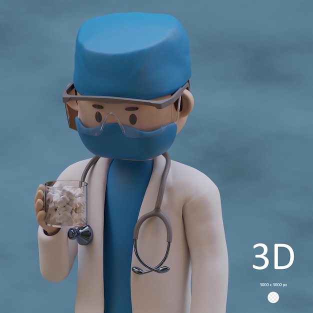 PSD psd 3d illustration of dentist with jar of teeth