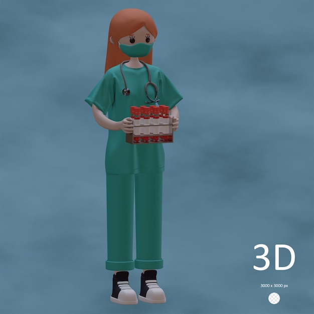 PSD psd 3d illustration of female doctor with blood sample tubes