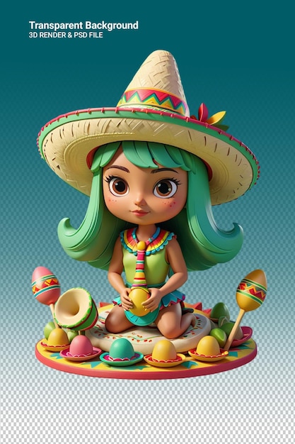 PSD psd 3d иллюстрация девочка из мексики изолирована на прозрачном фоне