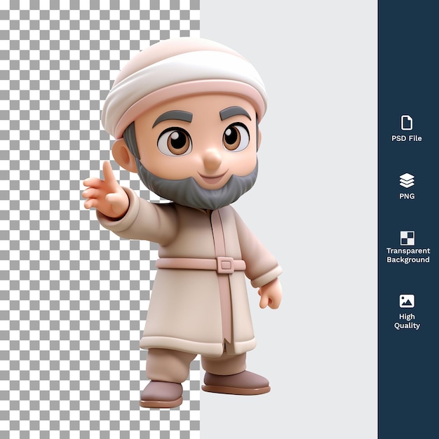 PSD psd 3d 일러스트레이션 행복한 무슬림 남성 캐릭터 미소 짓고 가리키고