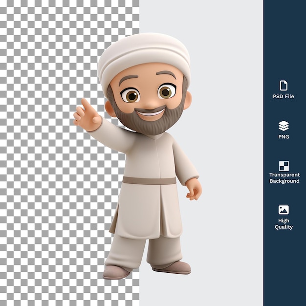 PSD psd 3d illustration happy muslim male character smiling and pointing