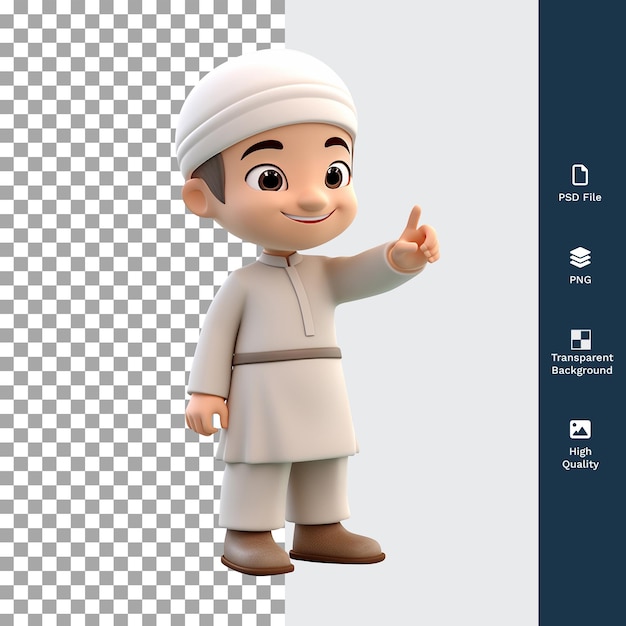 Psd 3d イラスト 幸せなイスラム教徒の少年 笑顔で指を指しているキャラクター