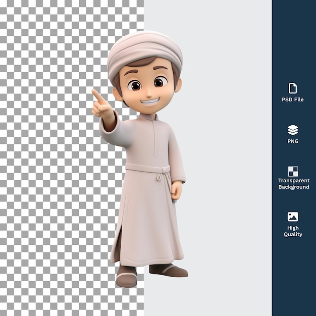 PSD psd 3d illustration happy muslim young boy character smiling and pointing